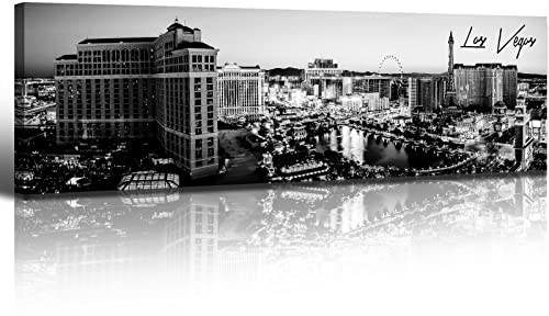 Image of Las Vegas Skyline Wall Art for Living Room American Cityscape Canvas Prints Black and White City Bellagio Fountain Skyscraper Night View Panoramic Pictures Modern Building Poster Framed 13.8 inchX47.3 inch