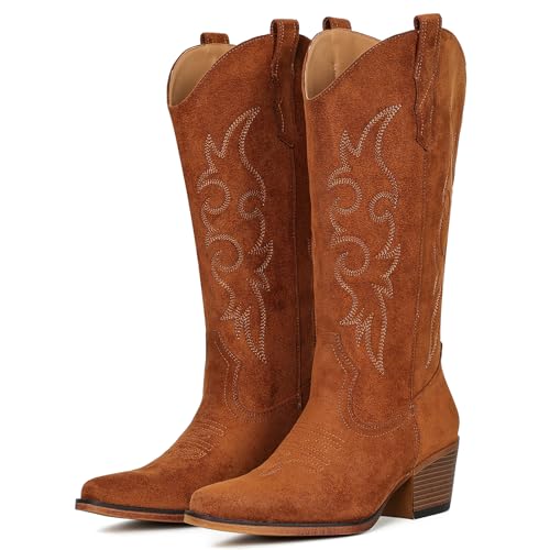 Image of IUV Cowboy Boots For Women Western Cowgirl Boots Mid Calf Snip Toe Boot With Chunky Heel
