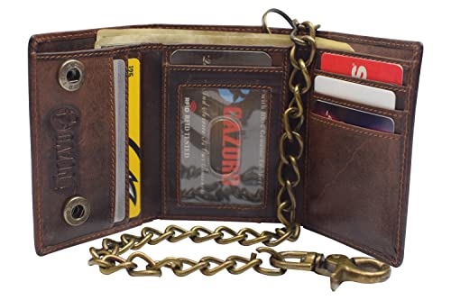 RFID Blocking Men's Tri-fold Vintage Biker Vintage Buffalo Leather Steel Chain Wallet Snap closure (Brown)2