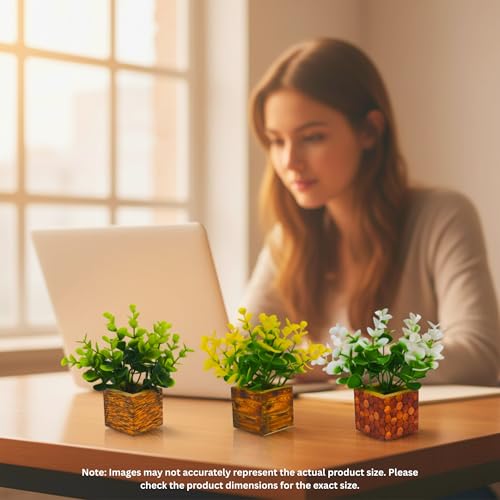 Image of DecoreBugs Artificial Eucalyptus Mini Potted Fake Plants, Wooden Pot, for Home Decor, Office Desk, Tabletop, Wall Shelves, Pack of 3