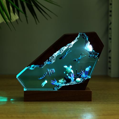 Image of Drawelry Ocean Creative Epoxy Resin Wood Light Lamp, Handmade Multi Color Aquatic Ocean Lamp Deep Sea Cave Diving Enthusiasts Led Night Light Desktop Decor Birthday Gift (Ocean World, M)