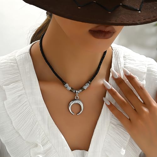 Vintage Crescent Moon Pendant Necklace, Braided Leather Cord, Tribal Beads, 17.7+4.7 inches, Black3