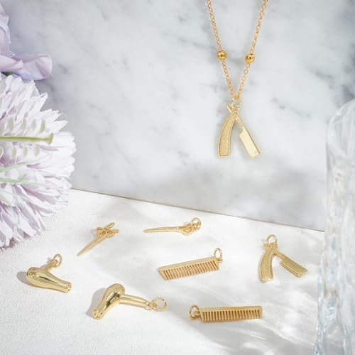 Beebeecraft 1 Box 8Pcs Hair Stylist Charms 18K Gold Plated Brass 4 Styles Scissor Comb Hairdryer Tools Charm for Haircut Theme Jewellery Making - Image 4
