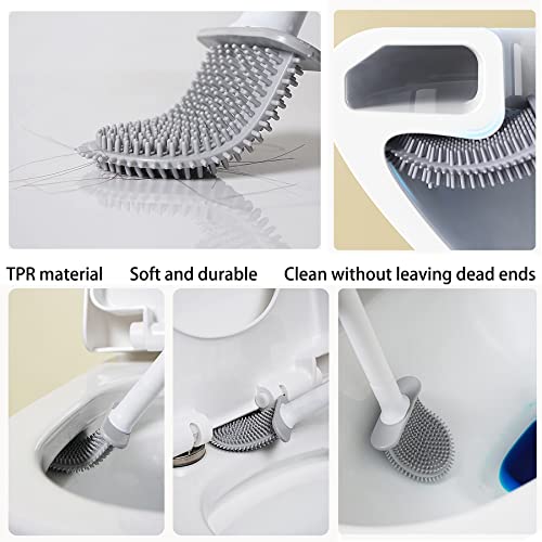 Image of Toilet Brushs-Silicone Toilet Brush with Non-Slip Long Handle Cleaner Brush, Bathroom Toilet Brush Holder Set,Silicone Brush Head Easily Clean Dead Corners, Wall Mounting