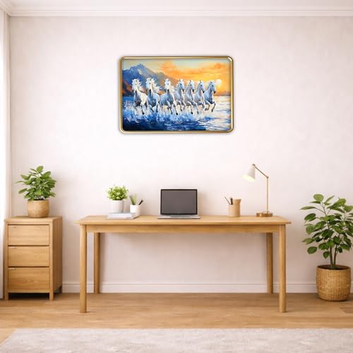 Image of XOPY Seven Running Horses with Golden Frame | Vastu 7 horses Raw Pyrite Painting for Home, Office & Living Room Wall Decore | 12X18 Inch Sparkle Laminated Frame | Best For Gifting (53324, 12X18)