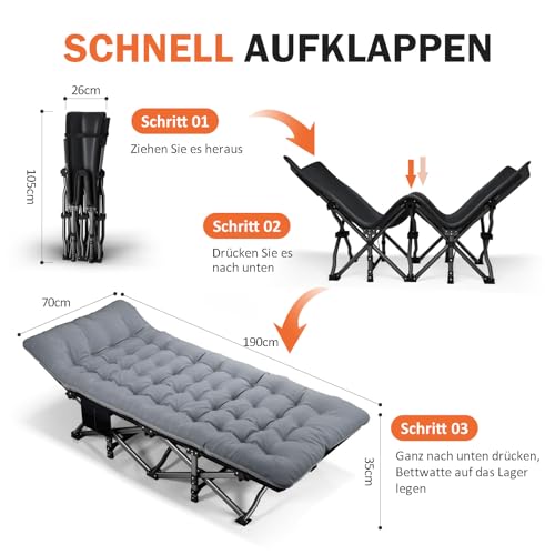 ATORPOK SHOP Campingbett feldbett klappbar, Faltbar Gästebett bis 200 kg für,mit Seitentasche, tragbares Campingliege，Outdoor, Garten, Reisen, Camping, Indoor (Grau)