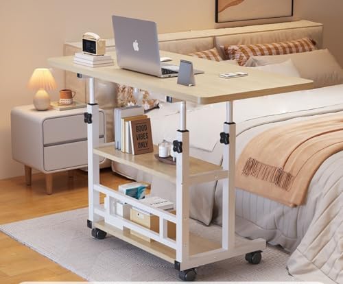 Acnivkoサイドテーブル 収納 キャスター付き 昇降式テーブル 移動式 パソコンデスク オフィスデスク 高さ調整(63-90cm) 3段収納 勉強机 おしゃれ移動便利 組立簡単 寝室/リビング/オフィス対応 学生在宅ワーカー向け 在宅勤務 テレワーク
