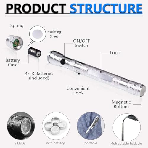 MODOAO Portable Torch Flexible Head Flashlight Torch with a magnet Telescopic Flexible 3 LED lamp Pick Up Tool Lamp Light (4 Pack) - Image 2