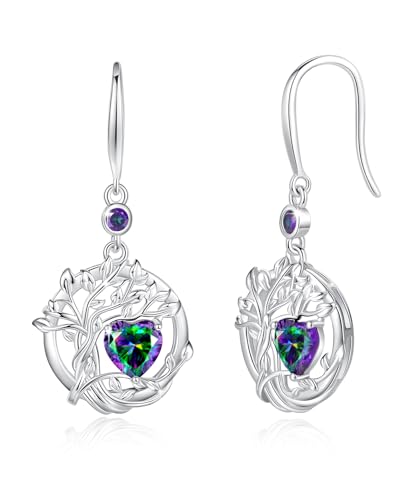 FANCIME Tree of Life Dangle Drop Earrings 925 Sterling Silver Dainty Round Gemstone Birthstone Earring Fine Jewelry Birthday Christmas Gifts for Her Women