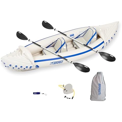 Sea Eagle SE330 Two Person Inflatable Sport Kayak Boat with Two Seats, Two Paddles and Pump Cover