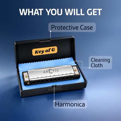 Image of ARCTIC G Key 10-Hole 20-Tone Diatonic Harmonica With Case & Cloth - Silver | Excellent Airtightness, Smooth Airflow, Clear Bright Tone, ABS Comb, Brass Reeds