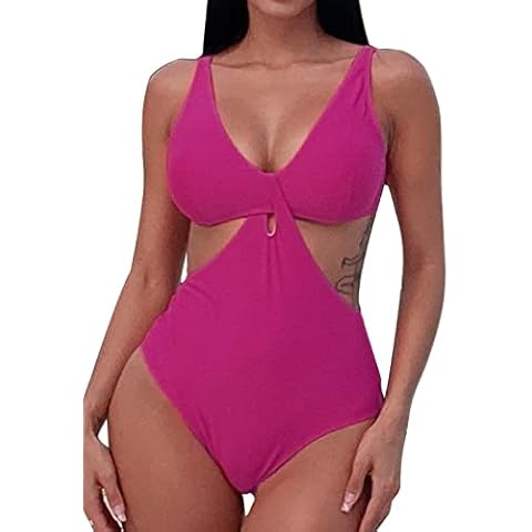 SEASELFIE Women's Trendy One Piece Cutout Swimsuits Sexy V-Neck Monokini Bathing Suits, Red, Large Cover