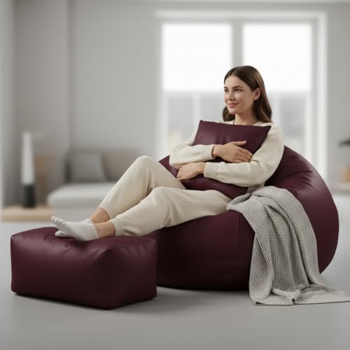 Image of Luxury 5XL Jumbo Bean Bag with Footrest & Cushion | Premium Leatherette | High-Density Beans Filled | Heavy Duty Double Stitch | 6 Months Warranty Color- (Navy Blue) (Maroon)