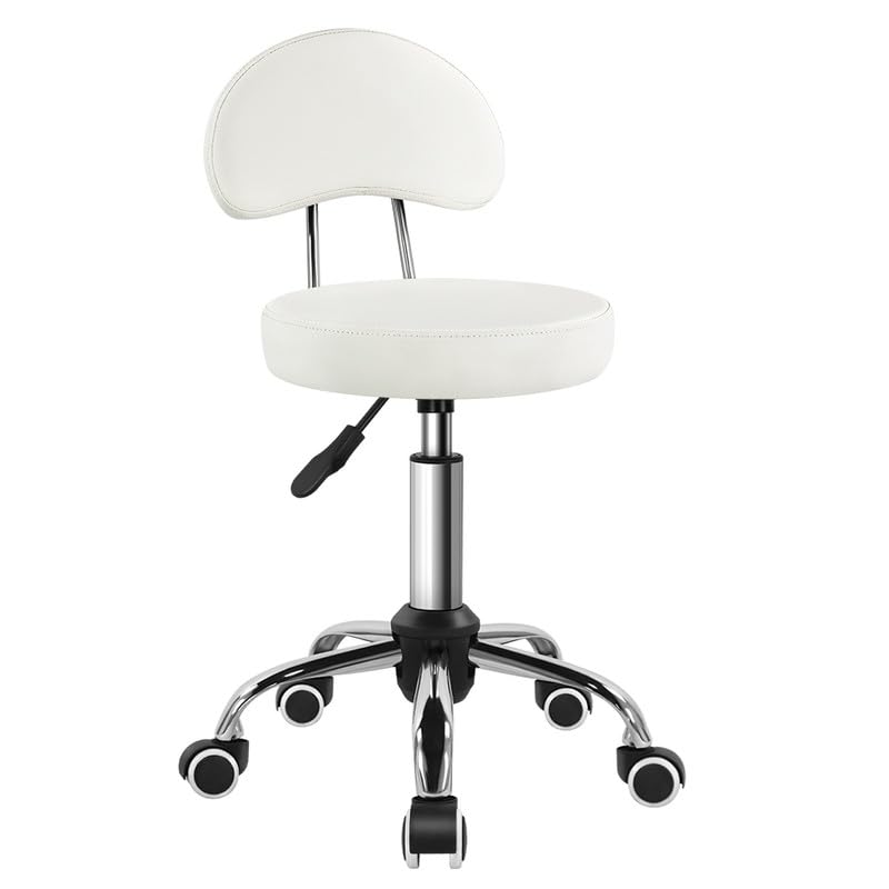 KKTONER Tabouret à roulettes pivotant avec Dossier Moyen réglable en Hauteur en Cuir synthétique avec roulettes pour Bureau, Maison, travaux de rédaction...