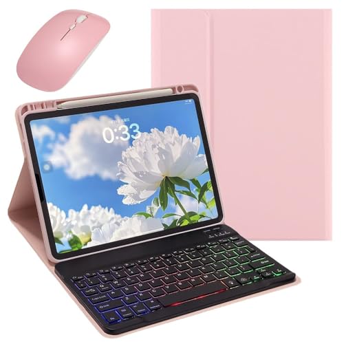 マウス付き iPad 11世代/10世代 バックライトキーボード iPad(A16)11インチ 2025/10.9インチ 2022 キーボードケース カラフル RGBバックライト 分離式 Apple Pencil 収納可能,ピンク+黒