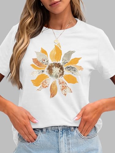 Image of Anbech Womens Dandelion Graphic T-Shirts Teen Girls Cute Sunflower Print Casual Tee Tops