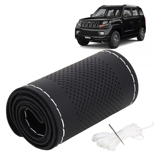 Image of KINGSWAY PU Leatherite Car Steering Cover Sewable Compatible with Mahindra TUV 300 (Year 2015 Onwards), Black Color with Silver Thread, Pack of 1 with Sewing Needle and Thread