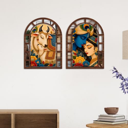Image of Artvibes Radha Krishna & Kamdhenu Cow Theme Decorative Wall Accent | Arched Jharokha Mirror for Living Room, Bedroom, Hall, Prayer Room, Foyer, Office & Dining Room | Gift (WHJ 12025N), Set of 2