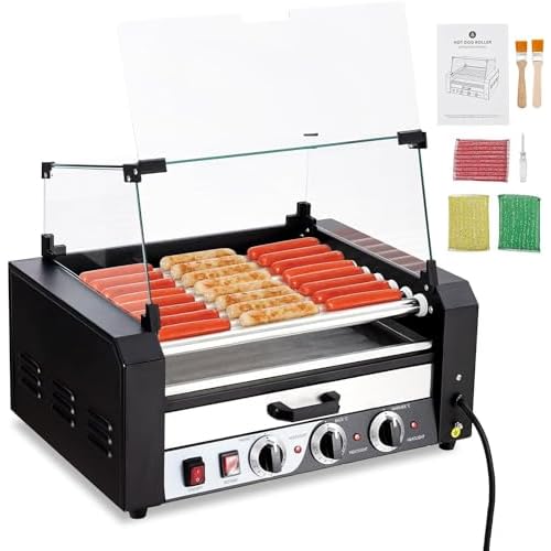 Hot Dog Roller, 9 Rollers 24 Hot Dogs Capacity 1650W Stainless Sausage Grill Cooker Machine Dual Temp Control and Glass Hood Cover, Removable Oil Drip