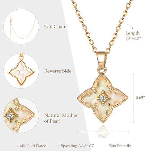 Clover Necklace for Women 14K Gold Plated with CZ Lucky Charm Adjustable Dainty Chain Jewelry Gift 20+1.5"2