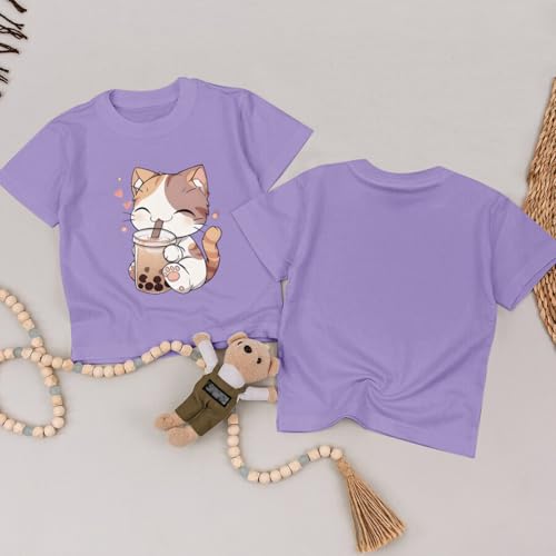 Image of KEEVICI Cute Cat Shirts for Girls Graphic Tees Bubble Tea Tshirt Kids Kawaii Cartoon Animal Print T Shirt Summer Cotton Tops
