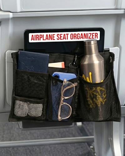 SKY STASH Airplane Seat Organizer to Clip onto Airplane Seat Pocket | Travel Essentials Accessory with Improved Universal Compatibility (15 x 9 Inches)
