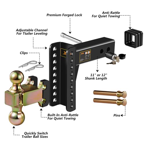 Xpe Adjustable Trailer Hitch, Fits 2.5-Inch Receiver, 6-Inch Drop/Rise,2" & 2-5/16" Ball Hitches For Trucks, 22,000 Lbs Gtw - Receiver Hitch With Anti-Theft Pin, Solid Ball Mount, Blk,X-452506 #TOP5
