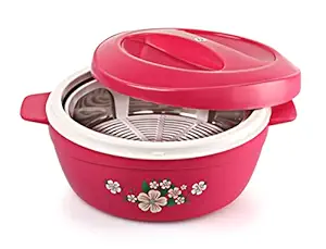 Cello Roti Plus Plastic Floral Casserole with Lid | Locks in the cold & heat for long | Casserole with drip tray | Easy grip lid to open and close | 2.5 L, Pink