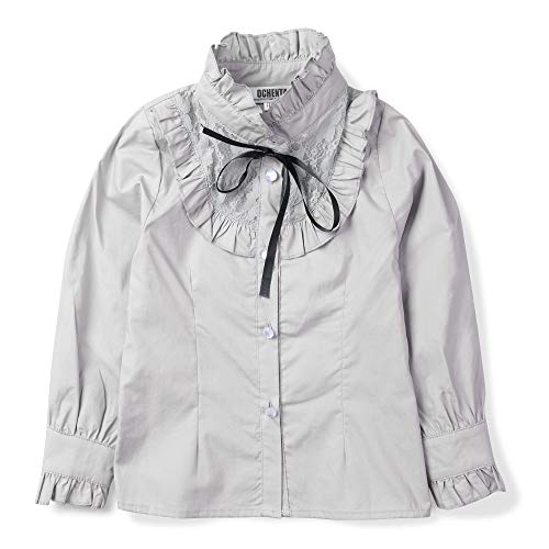 Image of OCHENTA Girls Ruffle Collar Blouse Button Down School Uniform Shirt | 100% Cotton, Ruffle Stand Collar, Bow, Lace Trim, Victorian Inspired, Girls Shirt for School, Concerts, Photos & Holiday