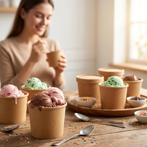 Image of PakTalk 50 Pack Soup Containers with Lids, Disposable and Biodegradable Ice Cream Cups Kraft 12oz Paper Soup Bowls with Lids for Hot Drinking, Food, and Ice Cream (50 sets, 12 oz)