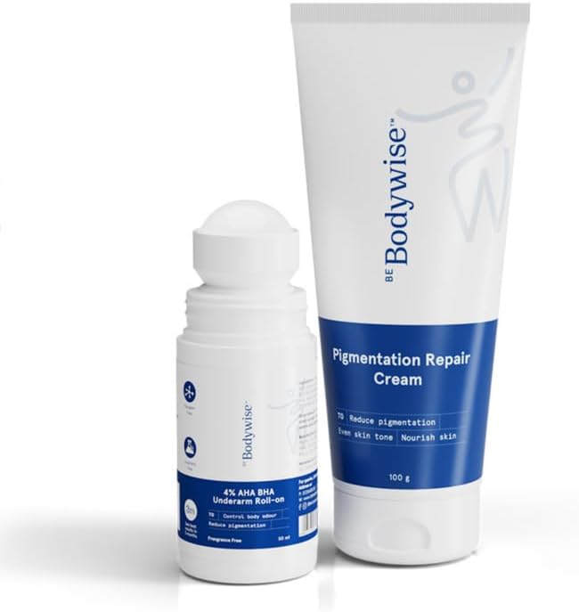 Be Bodywise Pigmentation Kit | With 4% AHA BHA Underarm Roll-On (50ml) & Pigmentation Repair Cream (100g) | Reduces Body Odor, Fades Pigmentation & Corrects Uneven Skin Tone
