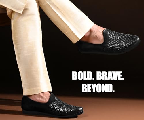 Image of LOUIS STITCH Men's Ethnic Weaved Textured Slip On Mojari's | Stylish Nagra Juti for Men | Lightweight and Comfortable Stylish Juti's and Mojari's for Kurta Pajama | LSAXNGWE