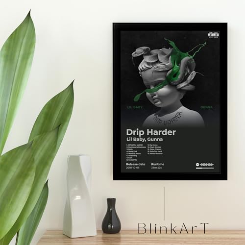 Image of BLINKART Gunna- Drip Harder Wall Photo Frames | Wall Art for Bedroom, Living Room, Studio or Office | Album Cover Print with Spotify Song Link QR Code | Gift for Fans - 8x12 In
