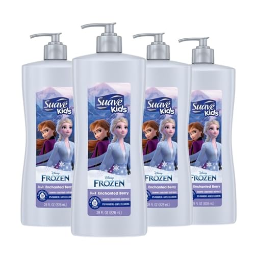 Suave Kids 3 in 1 Enchanted Berry Pack of 4 Shampoo, Conditioner, & Body Wash,Dermatologist Tested and Tear-free 28 oz