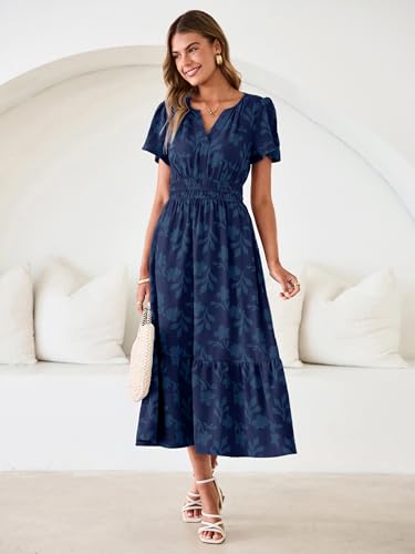 Image of Simplee Womens Summer Boho Maxi Dress Semi Formal Wedding Guest Short Sleeve V Neck Empire Waist Floral Long Dresses