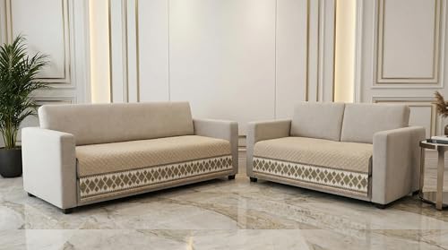 Image of Velvet Quilted Sofa Cover Mat Seat & Back, 3+2 Set, Total L115in H32in (3+2), Beige Color,Anti Skid Backing, 6in Hanging Strap Design, Washable Soft, Anti S, Style -Beige-S32