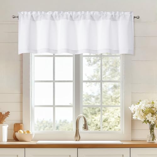 OWENIE White Valances for Windows, Light Filtering Small Kitchen Curtains Valance for Bedroom/Living Room, Rod Pocket Privacy Short Solid Modern Window Treatment, 60