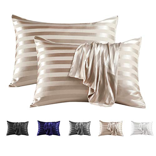 Image of MR&HM Satin Pillowcase for Hair and Skin, Silk Satin Pillowcase 2 Pack, Queen Size Pillow Cases Set of 2, Silky Pillow Cover with Envelope Closure (20x30, Champagne Striped)