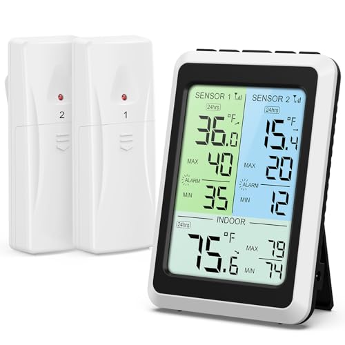 Ankilo Termómetro digital para nevera, termómetro inalámbrico para nevera con 2 sensores, pantalla LCD a color y registros mínimos máximos, medidor de alarma de temperatura, ideal para neveras