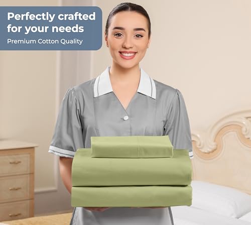 Image of ROYALE LINENS 100% Organic Cotton Twin Sheet Set - Percale Weave - 3 Pieces Set - 1 Flat, 1 Deep Pocket Fitted Sheet and 1 Pillowcases - Sage Green Bed Sheets - Sabanas Twin - Crisp Cool (Sage Green)