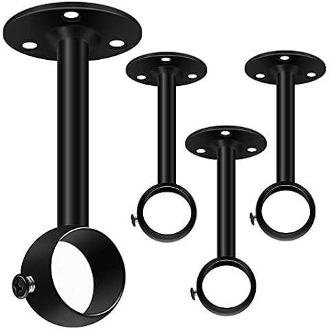 Ceiling Curtain Pole Brackets 4 Pack, Black Curtain Rail Bracket 25mm/1inch Heavy Duty Metal Closet Rod End Support Pole Sockets Wardrobe Flange Pipe Holder, Ceiling Curtain Bracket Stainless Steel Cover