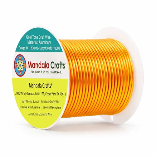 Image of Mandala Crafts 14 Gauge Gold Tone Anodized Aluminum Craft Wire, 60 FT | Colored, Flexible, Bendable, for Bonsai, Armature, Sculpting, Wire Wrapping, Jewelry Making, Weather & Tarnish Resistant
