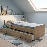 Boro Modernes Einzelbett mit 3X Schubkästen 90 x 200 cm - Praktisches Jugendzimmer Kojenbett in Eiche Sonoma Optik - 95 x 66 x 204 cm (B/H/T)