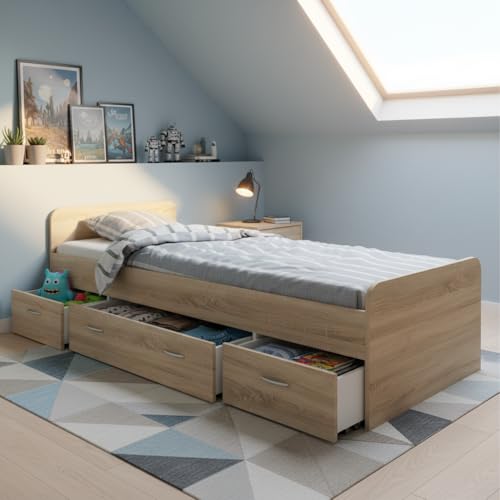 Boro Modernes Einzelbett mit 3X Schubkästen 90 x 200 cm - Praktisches Jugendzimmer Kojenbett in Eiche Sonoma Optik - 95 x 66 x 204 cm (B/H/T)