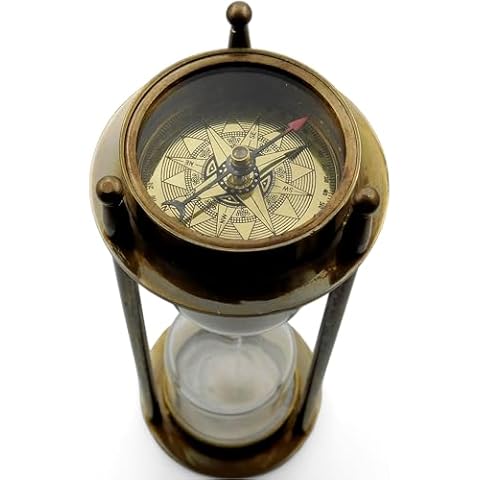 MERIDIAN NAUTICALS Brass Sand Timer Hourglass with Elegant Maritime Brass Compass Table Decorative Item Fully Working Sand Timer & Compasses Nautical Vintage Replica. Cover