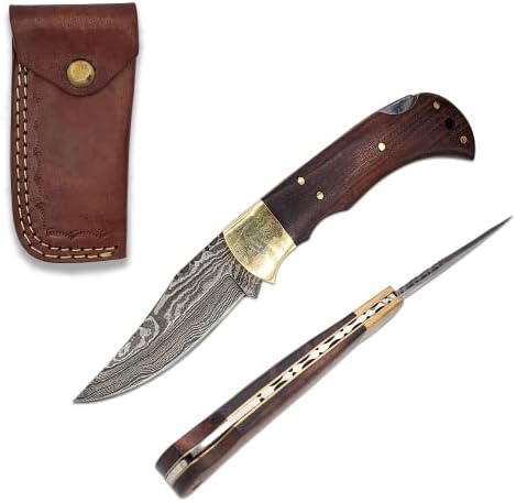 Handmade 3" Damascus Steel Blade REAL Rosewood Handle Lockback Pocket Knife w/ Top-Grain Leather Sheath - Folding Knives For EDC Hunting Camping Hiking Fishing