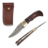 Handmade 3" Damascus Steel Blade REAL Rosewood Handle Lockback Pocket Knife w/ Top-Grain Leather She