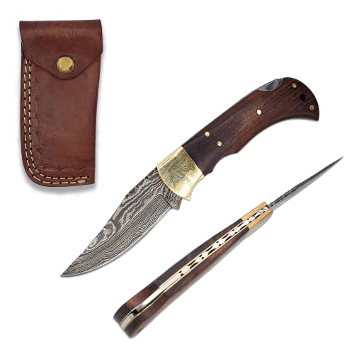 Handmade 3" Damascus Steel Blade Real Rosewood Handle Lockback Pocket Knife W/ Top-Grain Leather Sheath - Folding Knives For Edc Hunting Camping Hiking Fishing #TOP21