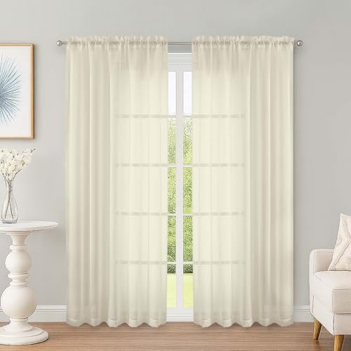 Image of OWENIE Cream Sheer Curtains 72 Inches Long 2 Panels Set, Transparent Voile Sheer Curtain for Living Room Bedroom Window Sliding Glass Door Treatment, 59 x 72 Inch, Cream