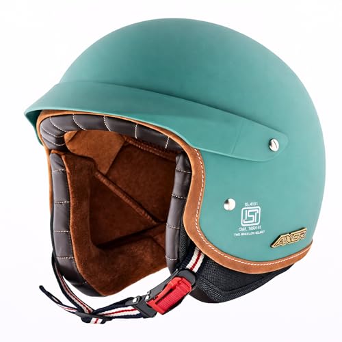 Image of Axor Retro Jet West with Peak ISI and DOT Certified Matte Finish Open Face Helmet for Men and Women with Stylish Peak- Dull Aqua Green-L